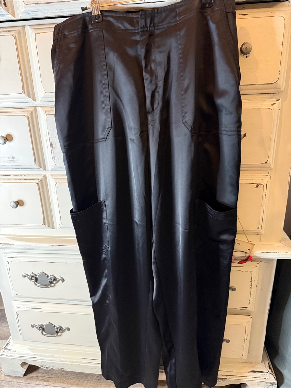 Calia Satin Cargo Wide Leg Black Pants